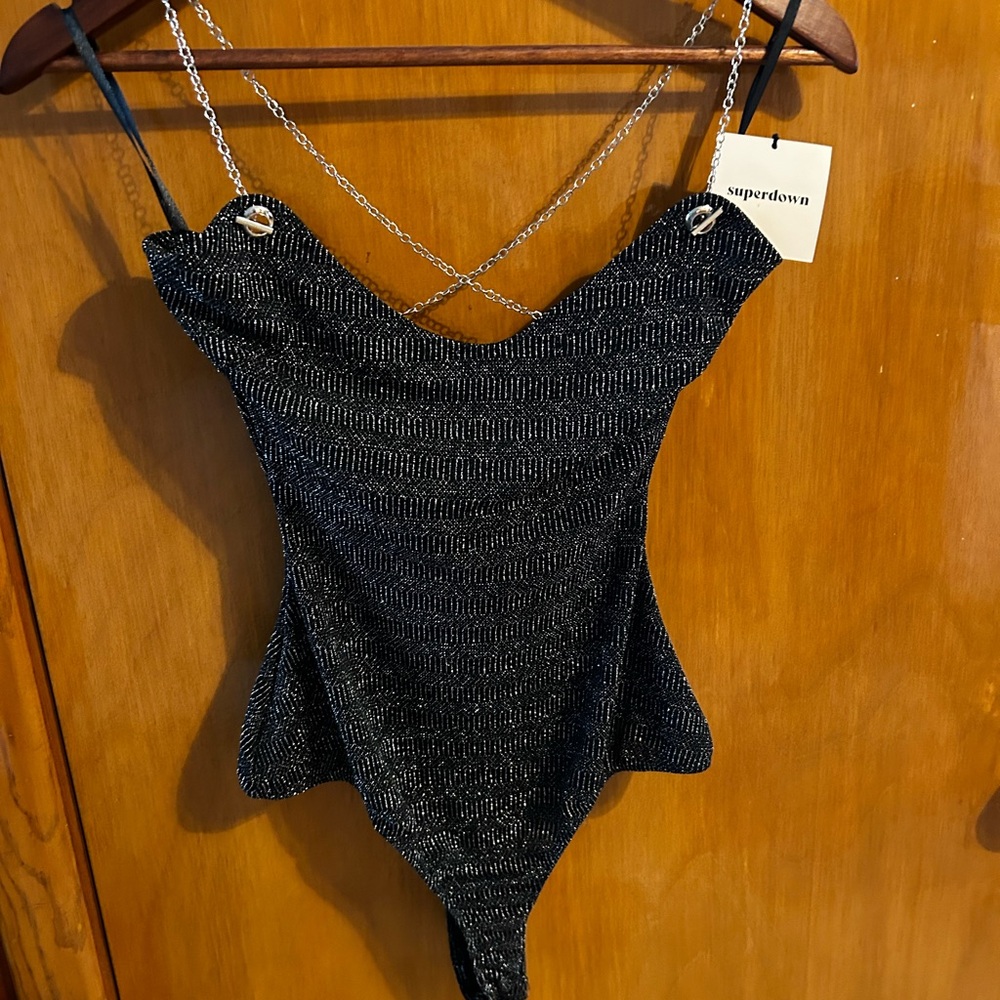 Superdown Glittering Black Bodysuit with Chain Straps